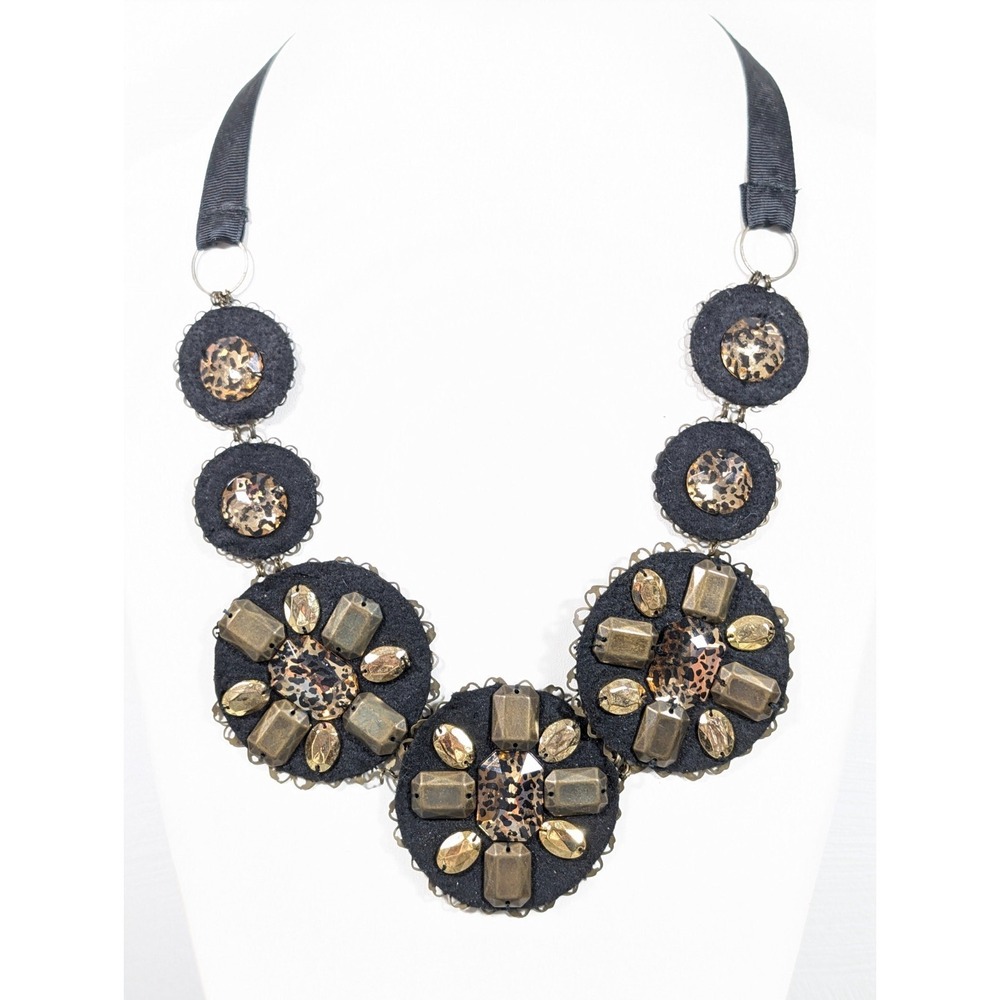 Bronze Tone Crystal Medallion Statement Necklace Black Ribbon Tie Back